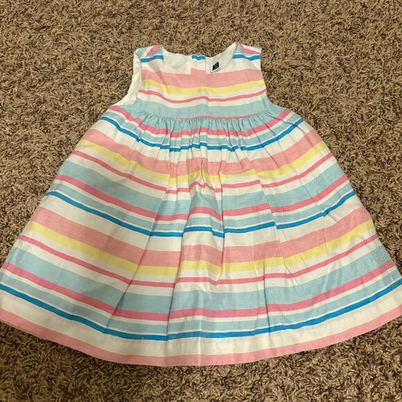 Janie and Jack Striped Dress 18-24 Months Linen Blend Lined Bow Buttons Gathered - Picture 1 of 3
